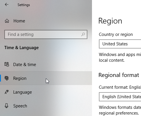 Time and Language settings with Region selected