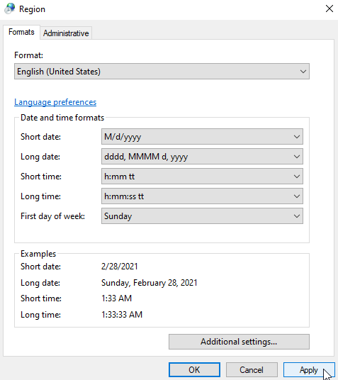 Region settings dialog with Apply button highlighted